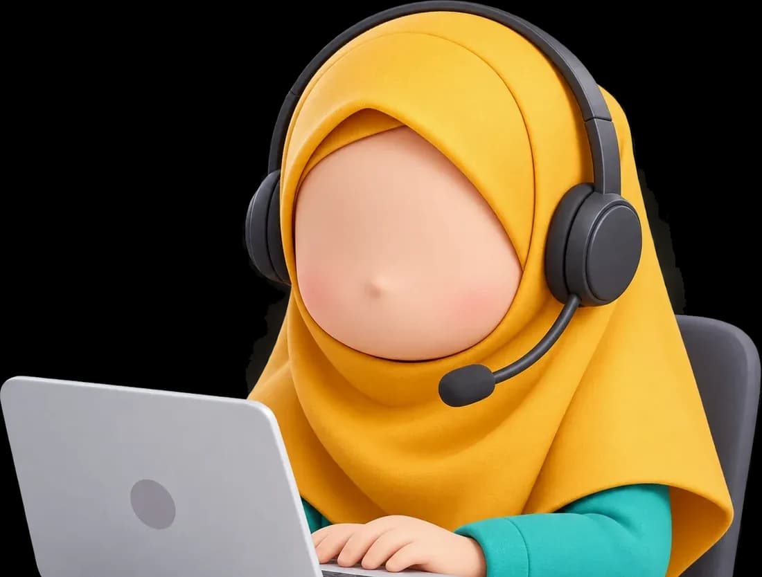 Ilustrasi admin Partner Belajar berhijab memakai headset di depan laptop, siap membantu