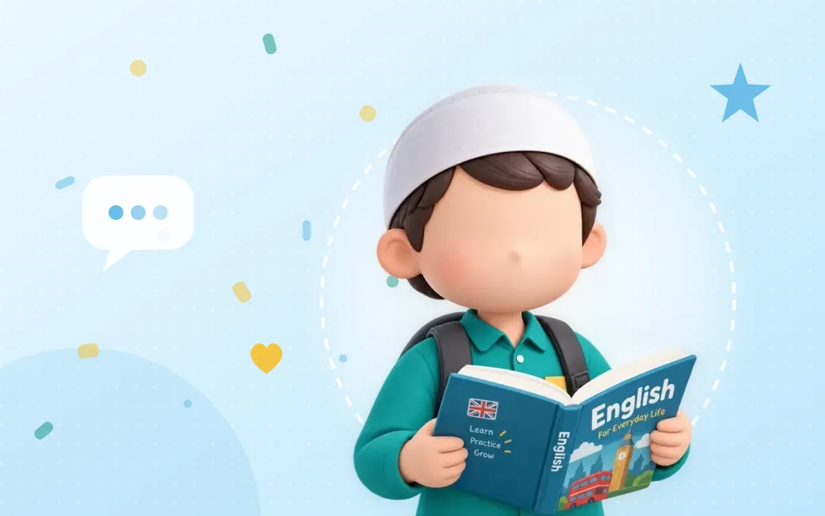 Ilustrasi anak belajar bahasa Inggris dengan buku