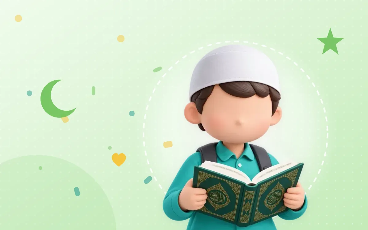 Ilustrasi anak Muslim memegang mushaf Al-Qur'an