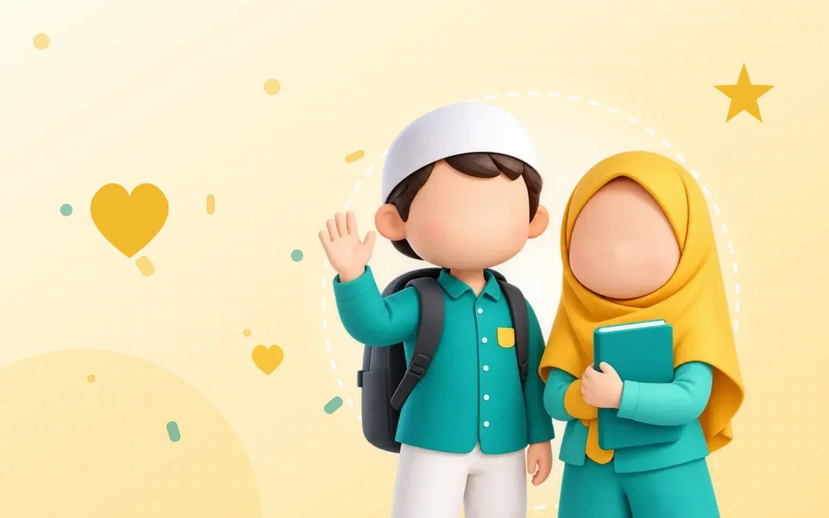 Ilustrasi anak-anak Muslim bersiap belajar dengan tas sekolah