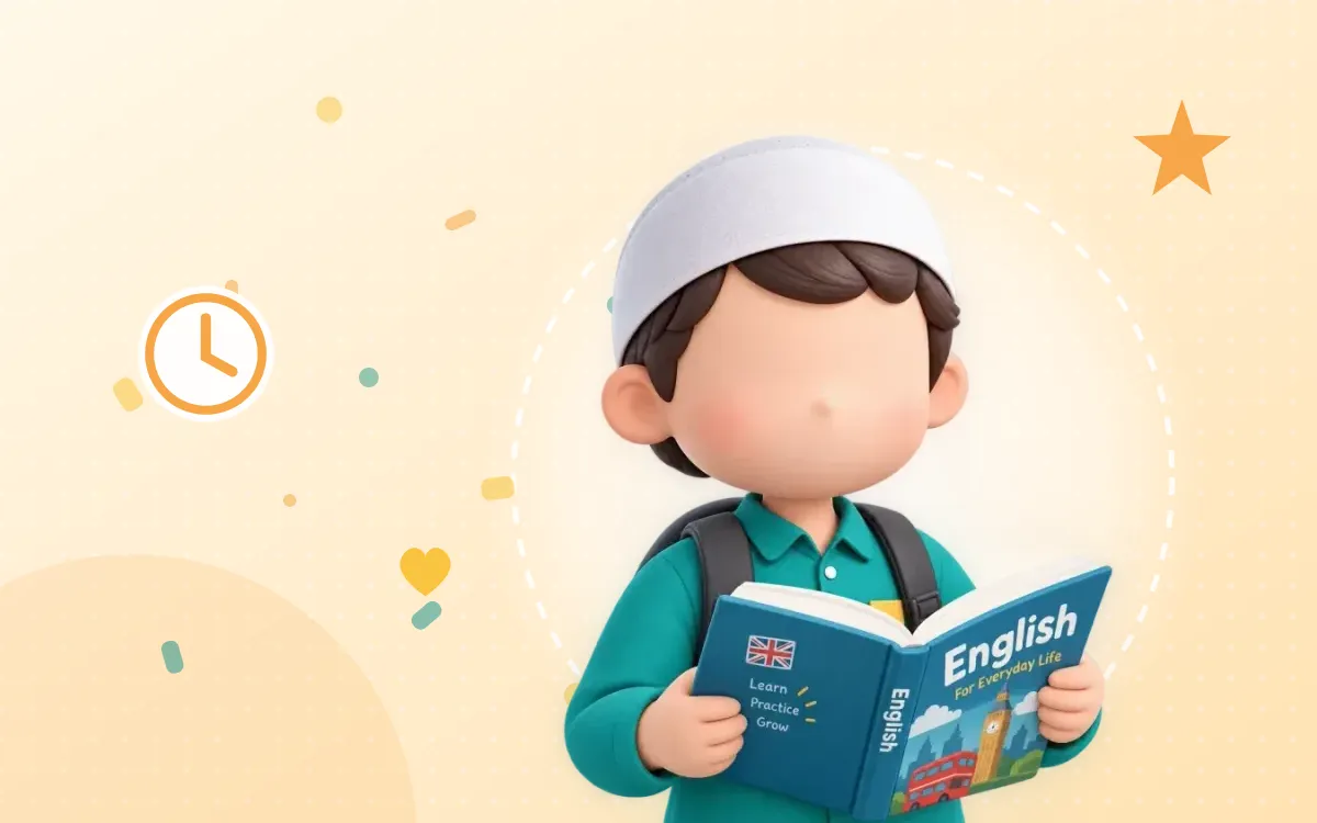 Ilustrasi anak dengan buku dan jam sebagai simbol rutinitas