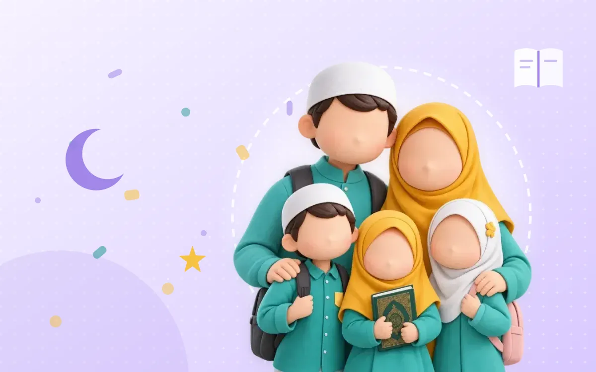 Ilustrasi keluarga Muslim bersama anak-anak membawa mushaf