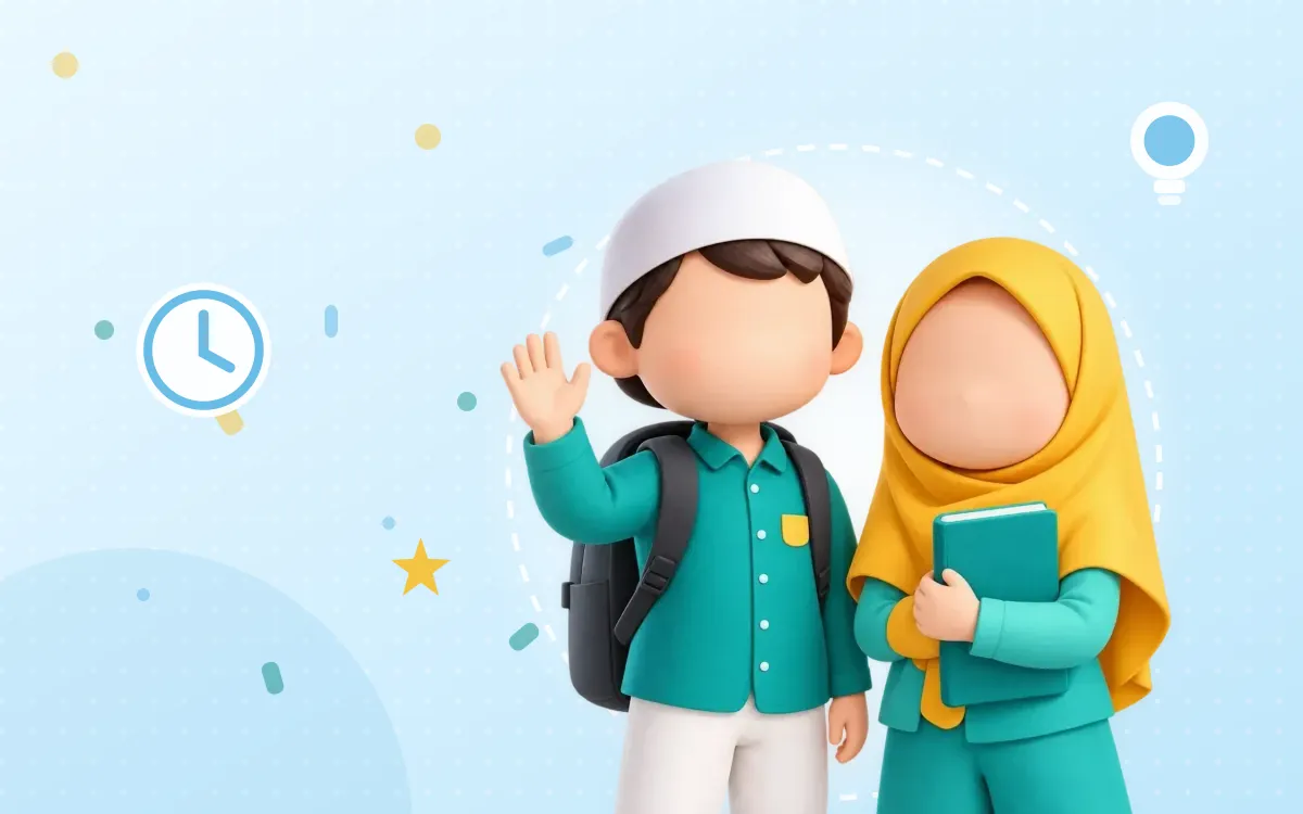 Ilustrasi anak-anak dengan simbol jam dan lampu ide