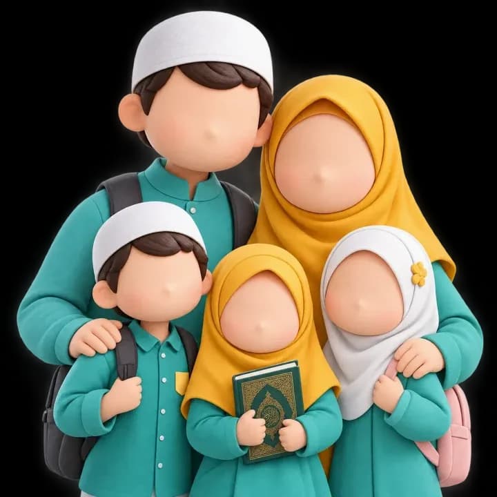 Ilustrasi keluarga Muslim bersama anak-anak yang siap belajar