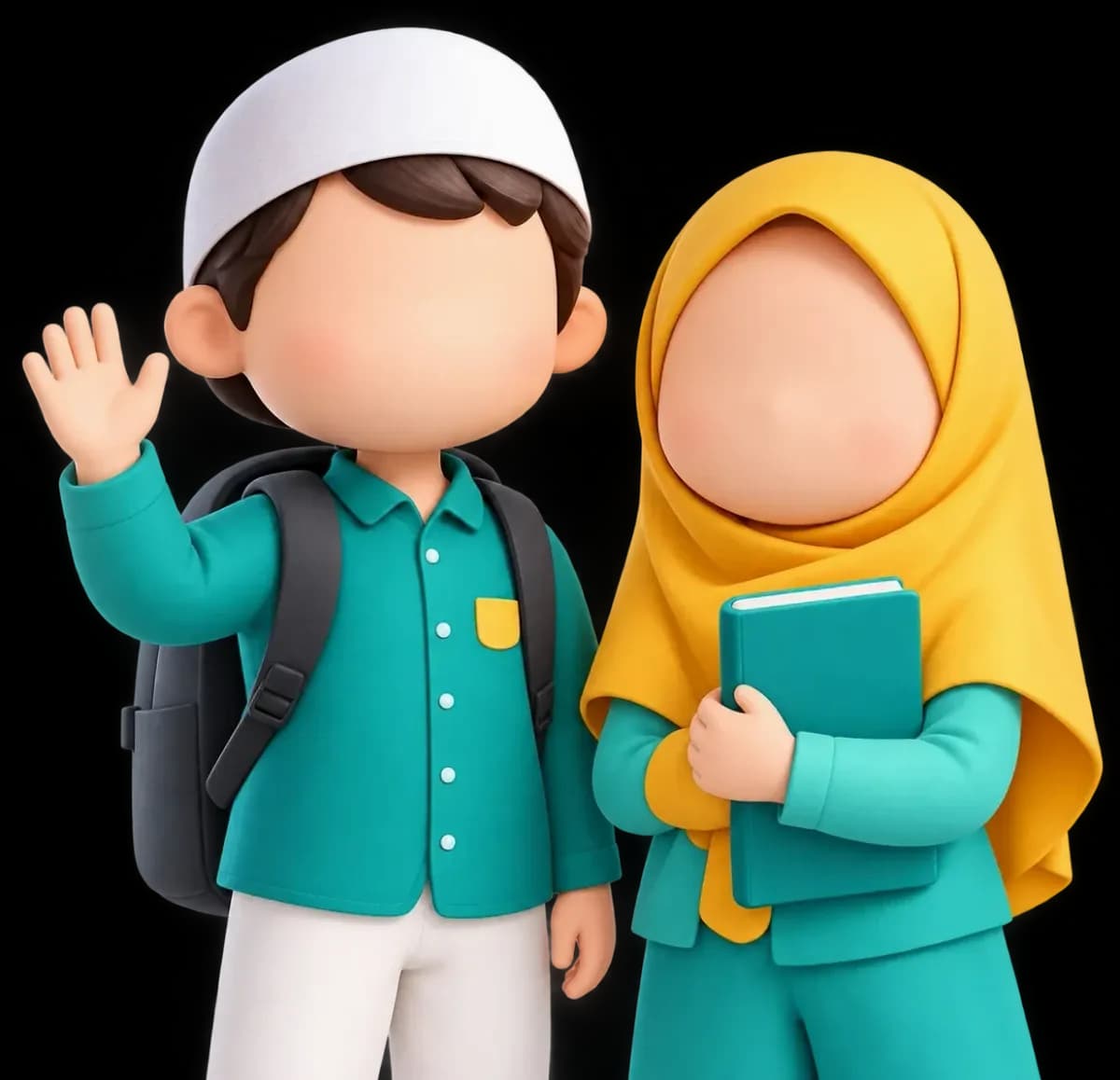 Ilustrasi anak laki-laki berpeci melambaikan tangan dan anak perempuan berhijab memeluk buku, siap belajar
